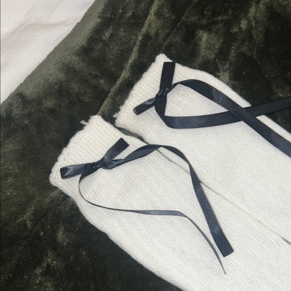 Cozy White Knit Arm Warmers with Black Satin Bows